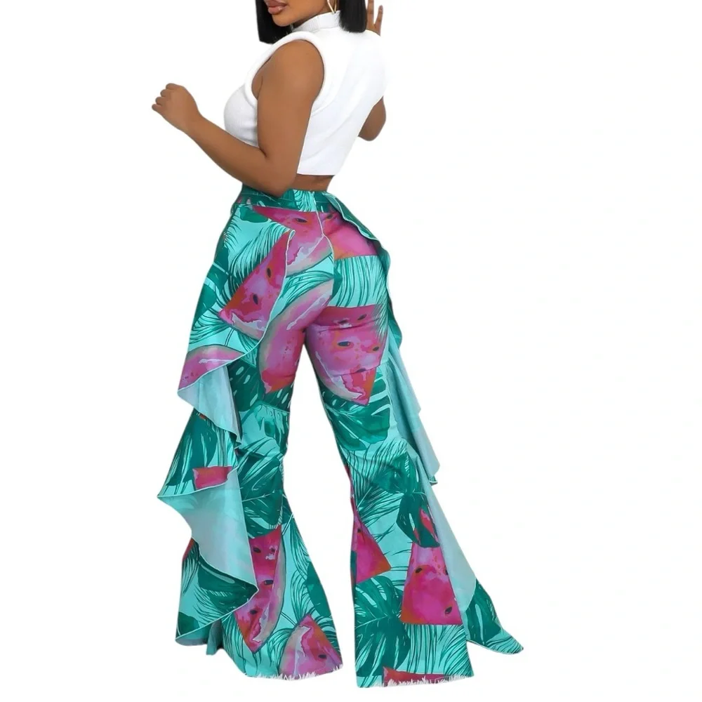 Tropical Print High Waist Flare Women's Pants, Size: Medium
